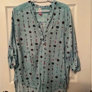 No Boundaries Teal Patterned Blouse with Lace Detail